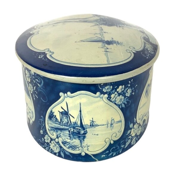 Vintage Droste Haarlem Holland Empty Tin Container Oval Blue White Designs - Picture 5 of 8
